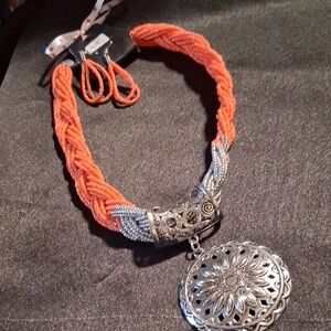 Silver and Coral Orange Beaded Braided Chunky Pendant Necklace & Earrings.